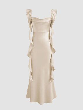Cider Satin Cowl Neck Solid Ruffle Hem Maxi Dress